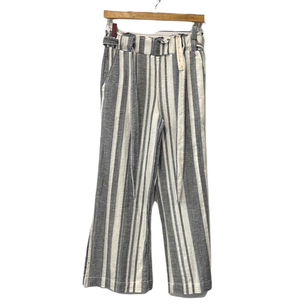 Kiss & Coy Women’s Linen Cotton‎ Beach Pants Striped Blue White Sm